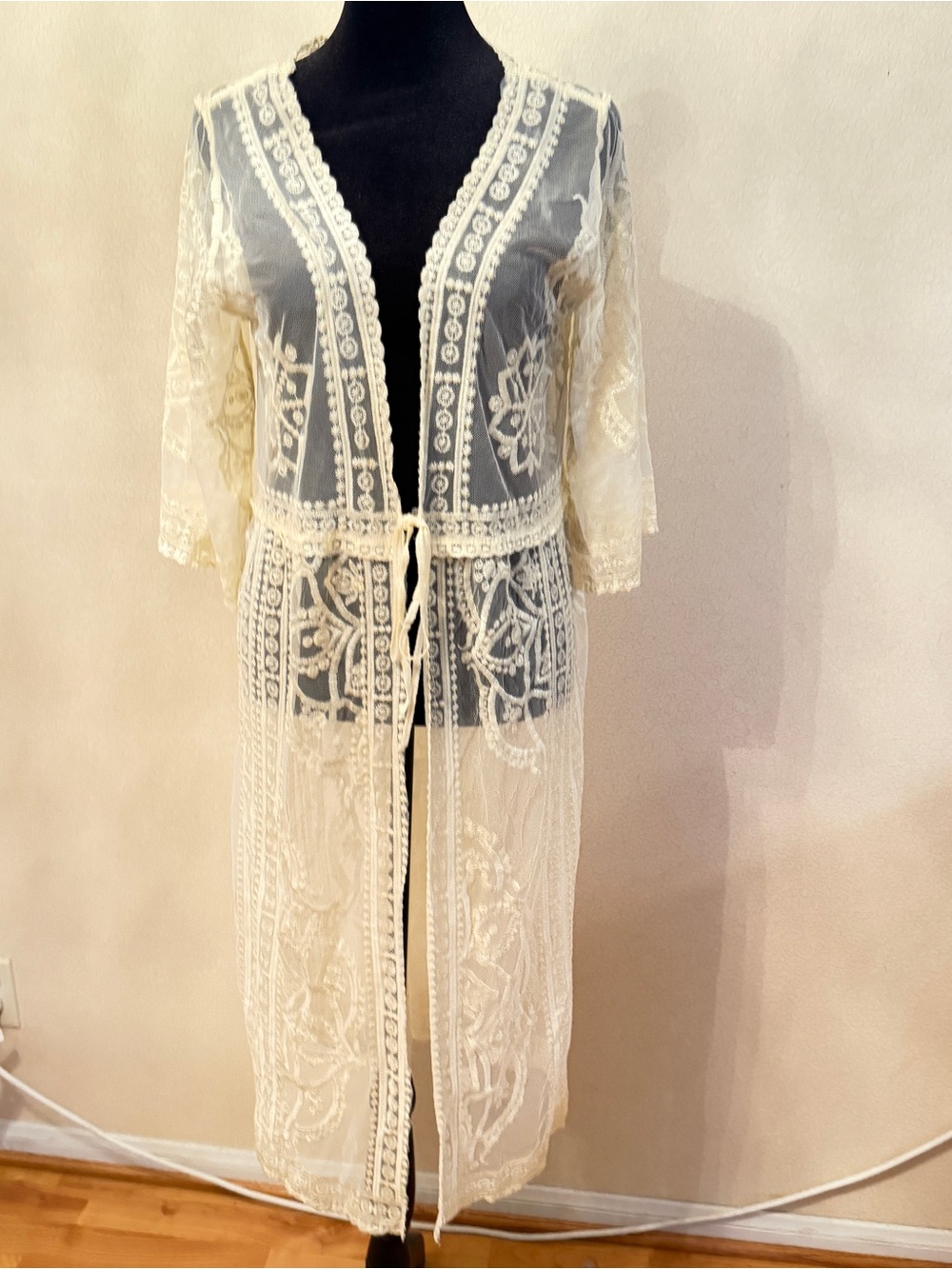 Sheer Lace Long Robe Cover-Up in Cream